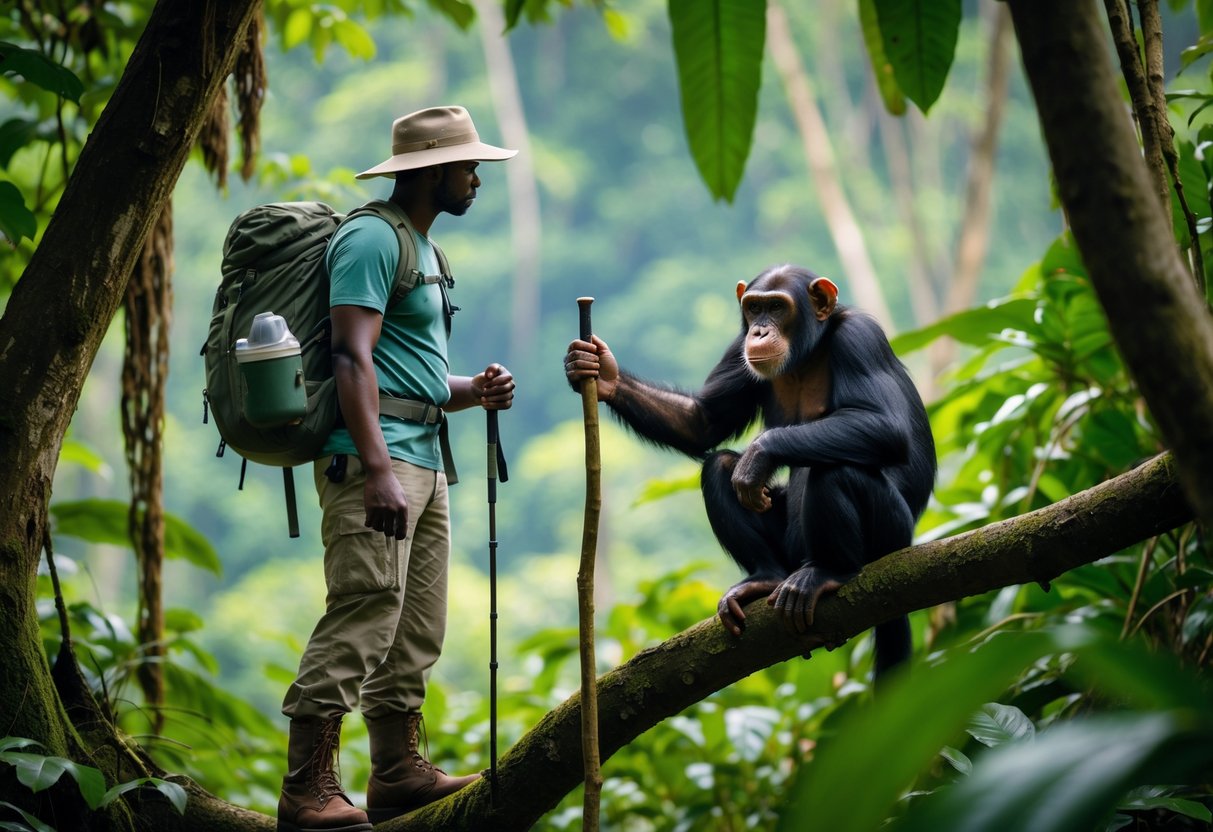 A hiker calmly standing near a chimpanzee in a dense jungle, with the chimpanzee perched on a tree branch.