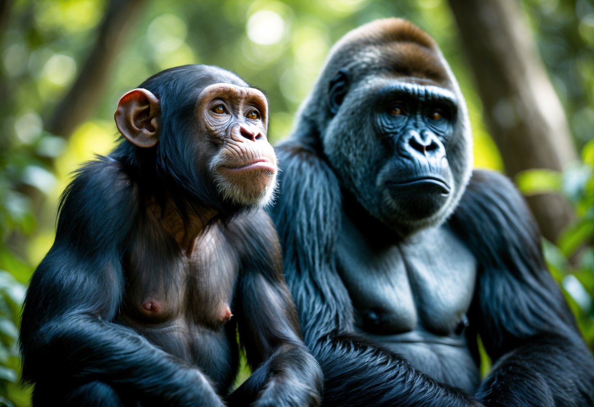 A chimpanzee and a gorilla sitting side by side in a forest, both looking thoughtful.