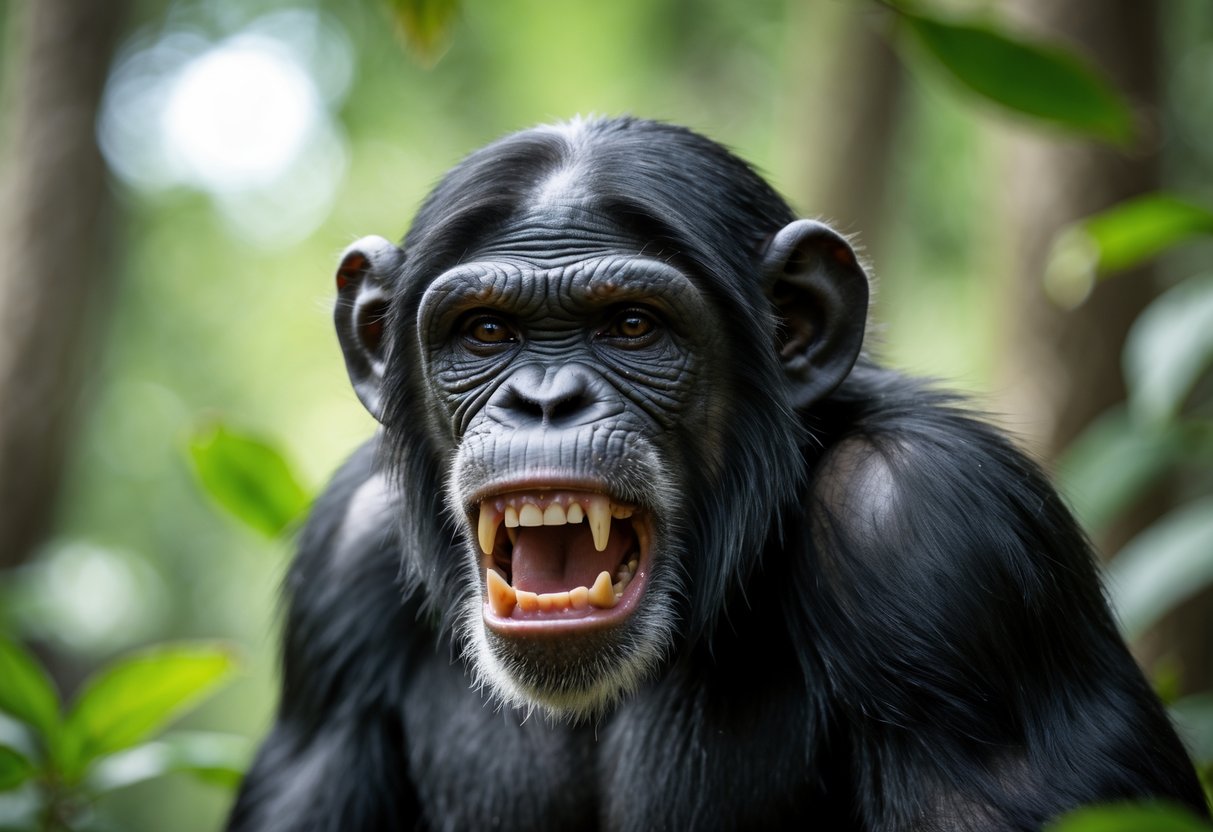 Close-up of an aggressive chimpanzee showing its teeth in a forest setting.
