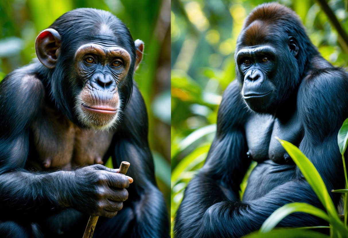 A chimpanzee and a gorilla sitting side by side in a jungle, showing their different sizes and expressions.