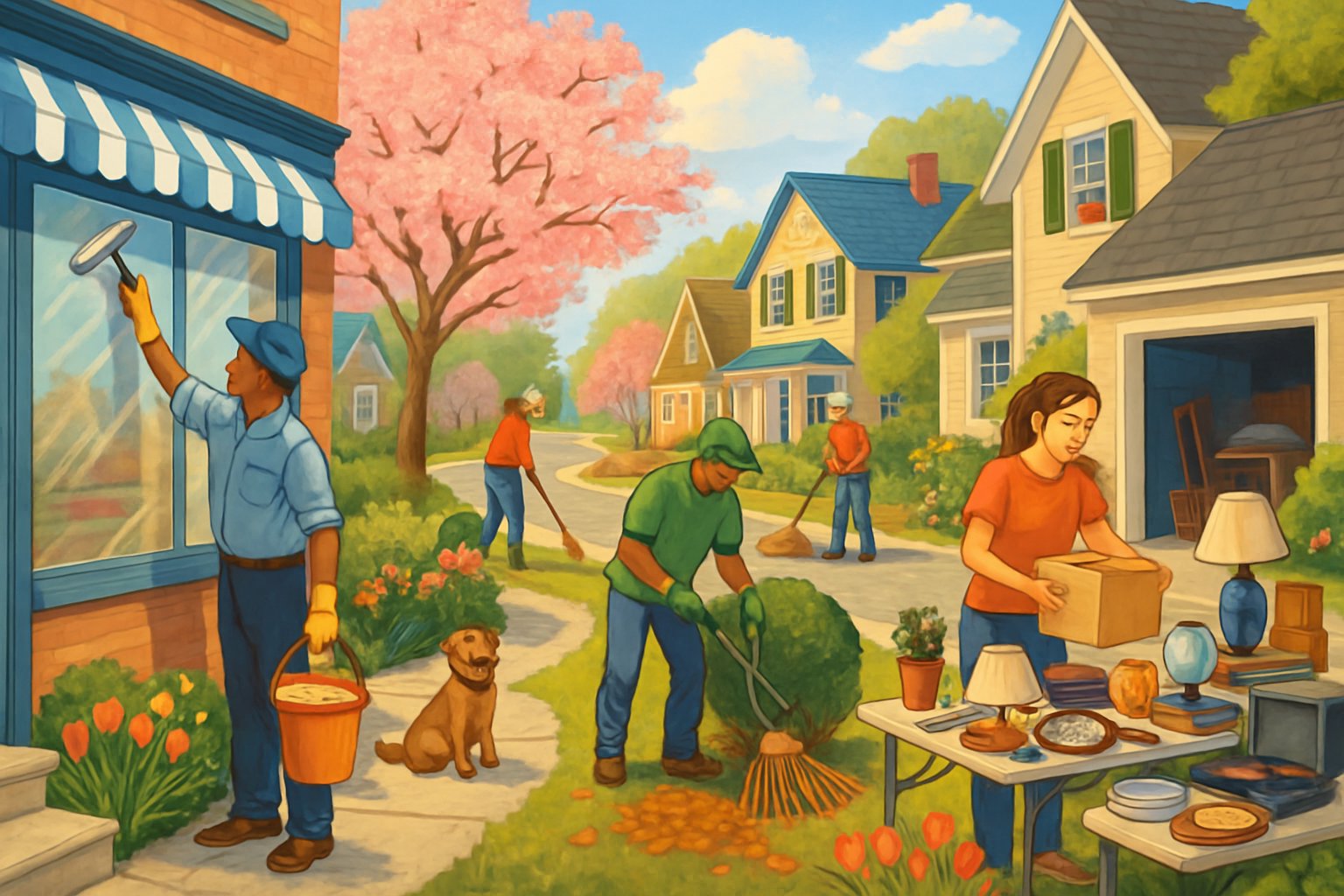 People in a small town cleaning windows, gardening, and organizing a garage sale on a sunny spring day.