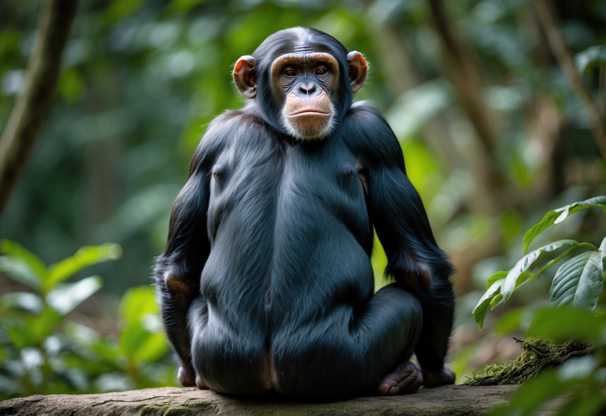 A female chimpanzee sitting in a forest, showing her large rounded buttocks.