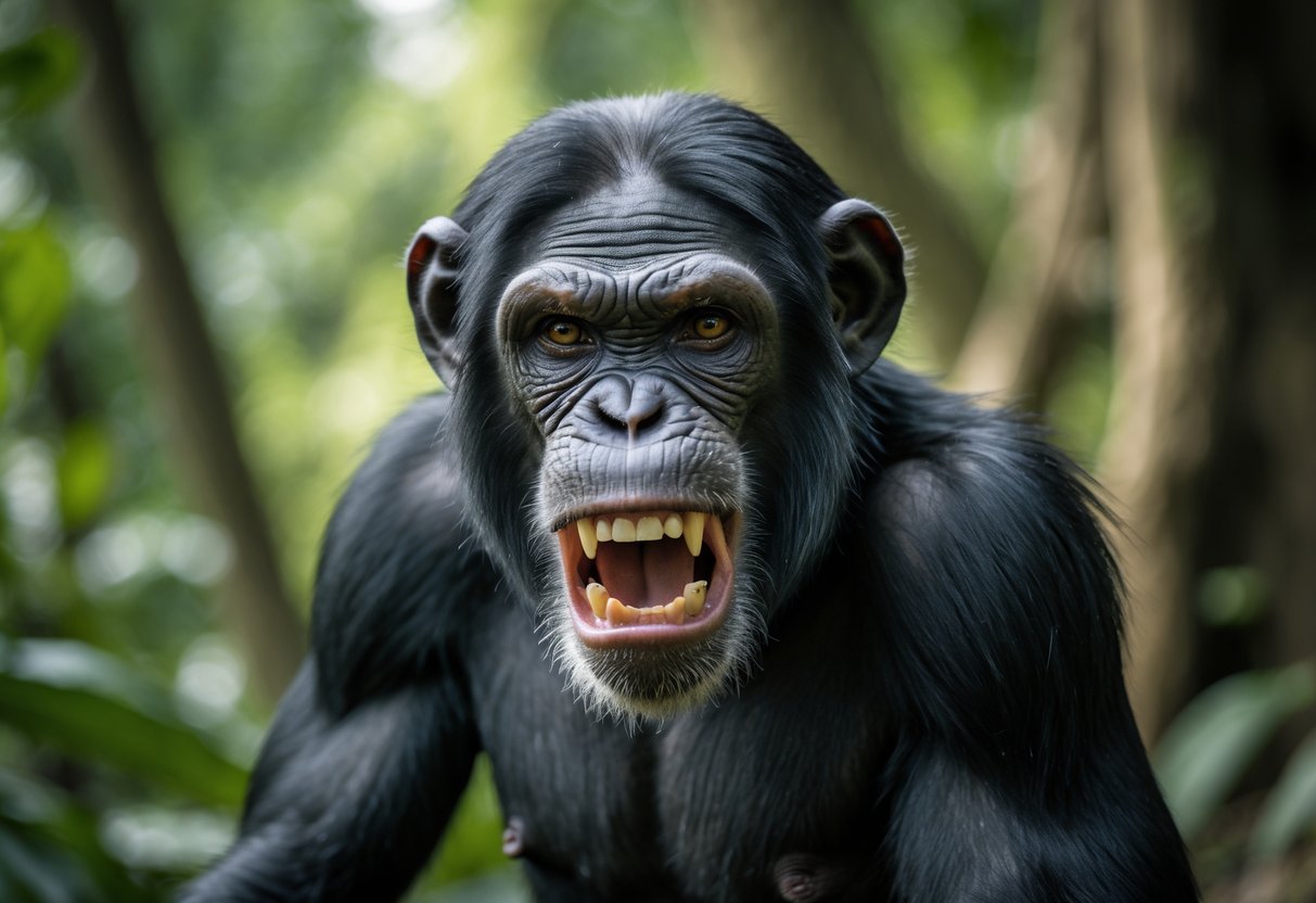 A chimpanzee in a forest showing an angry expression with bared teeth and intense eyes.