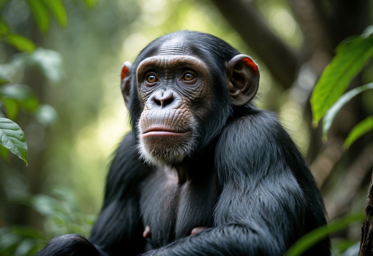 A chimpanzee sitting thoughtfully in a forest, looking upward with a curious expression.