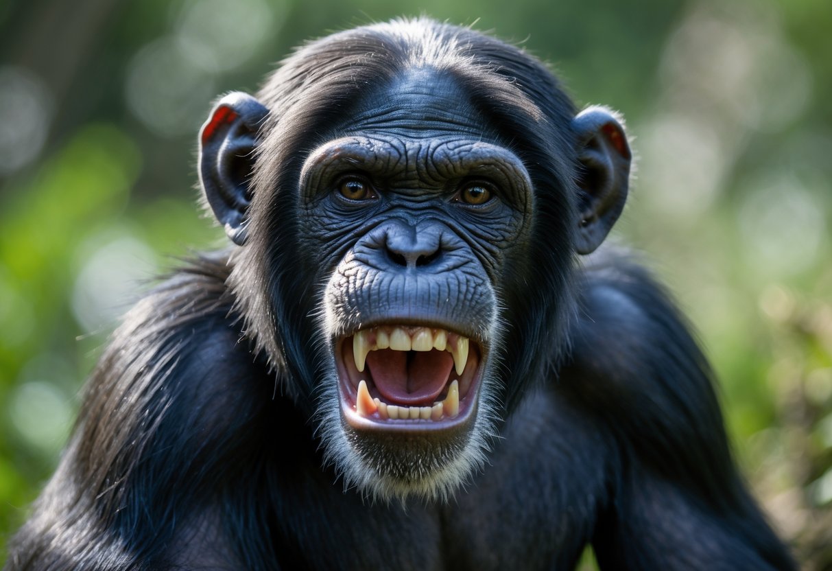 Close-up of a chimpanzee showing its teeth with an intense expression in a natural outdoor setting.