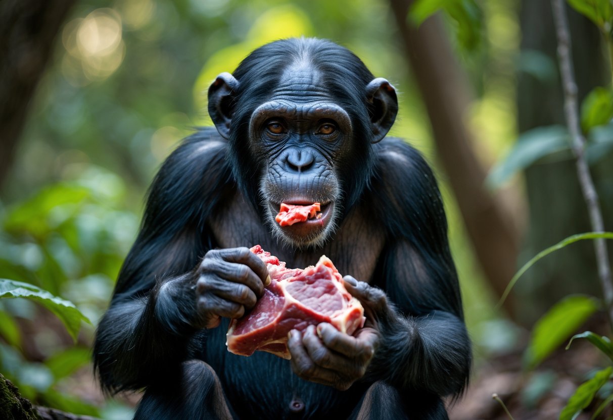 A female chimpanzee eating a piece of meat in a forest setting.