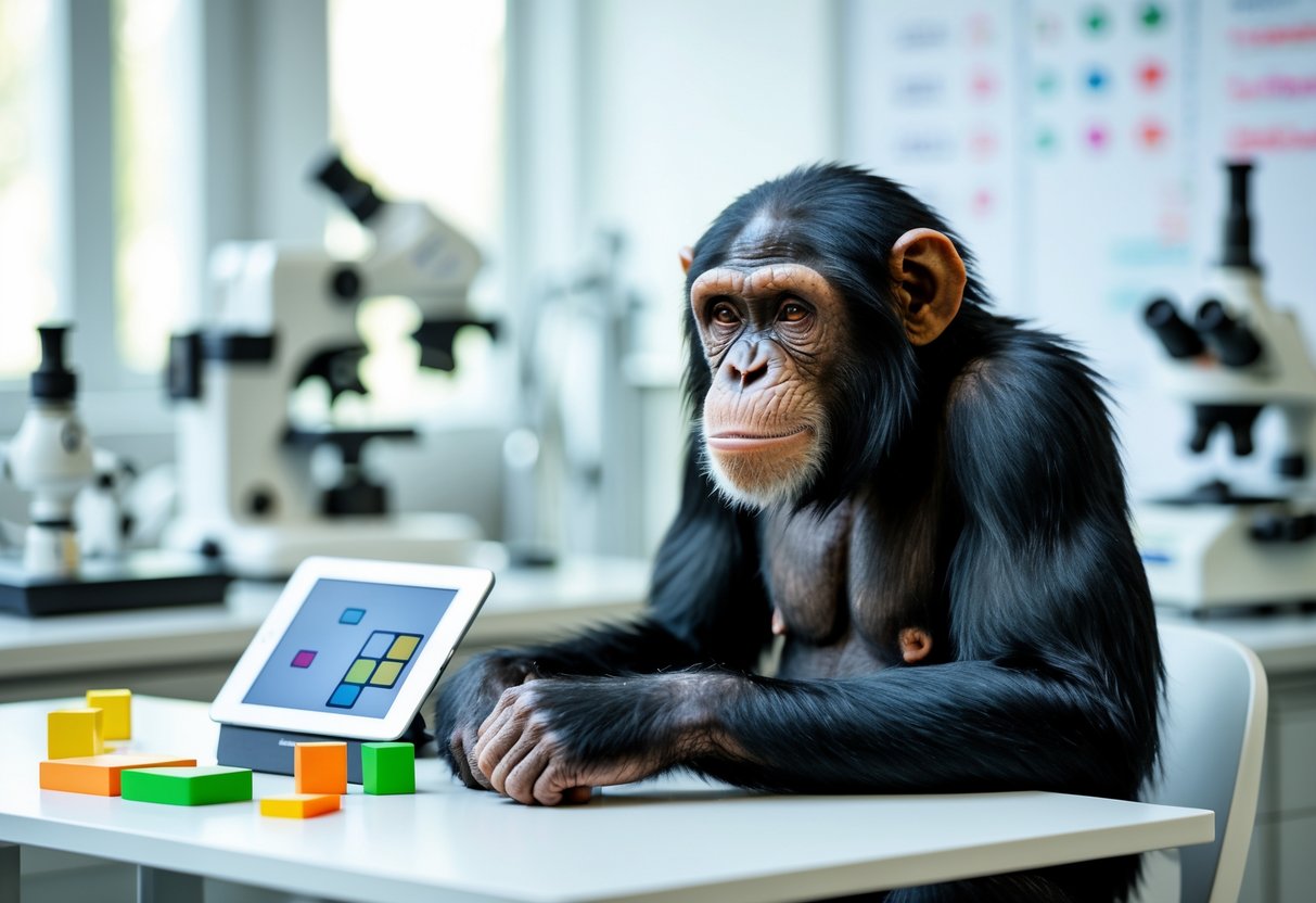A chimpanzee sitting at a table with puzzle pieces and a tablet, appearing focused in a laboratory environment.