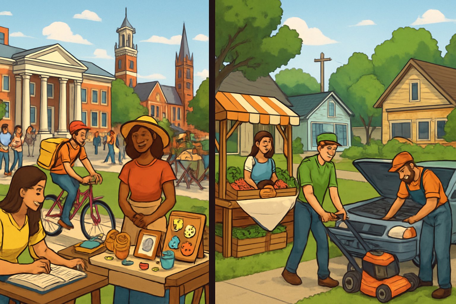A split scene showing side hustles in a busy college town with students tutoring and delivering food on one side, and people mowing lawns and selling produce in a quiet small town on the other side.