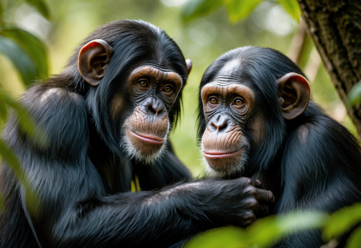 Two chimpanzees gently interacting with each other in a forest setting.