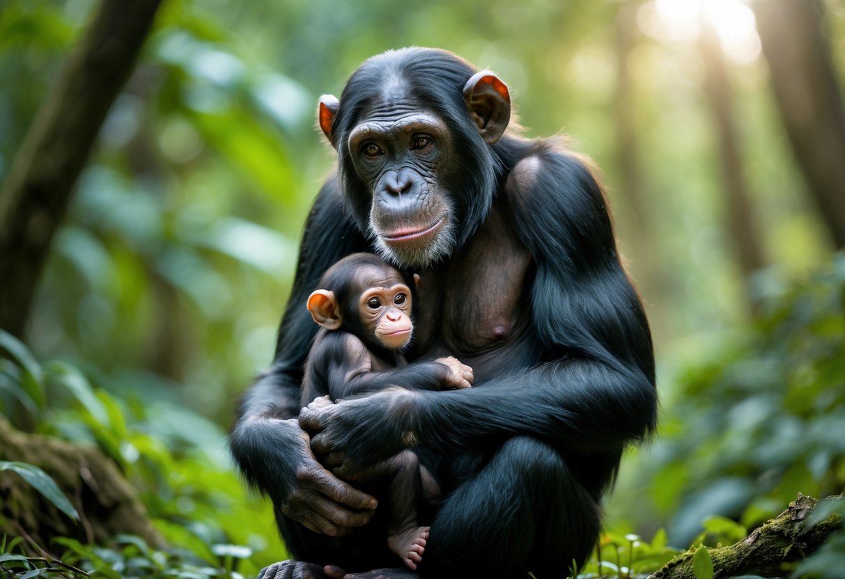 A chimpanzee mother sitting in a forest holding her single newborn baby chimpanzee close to her.
