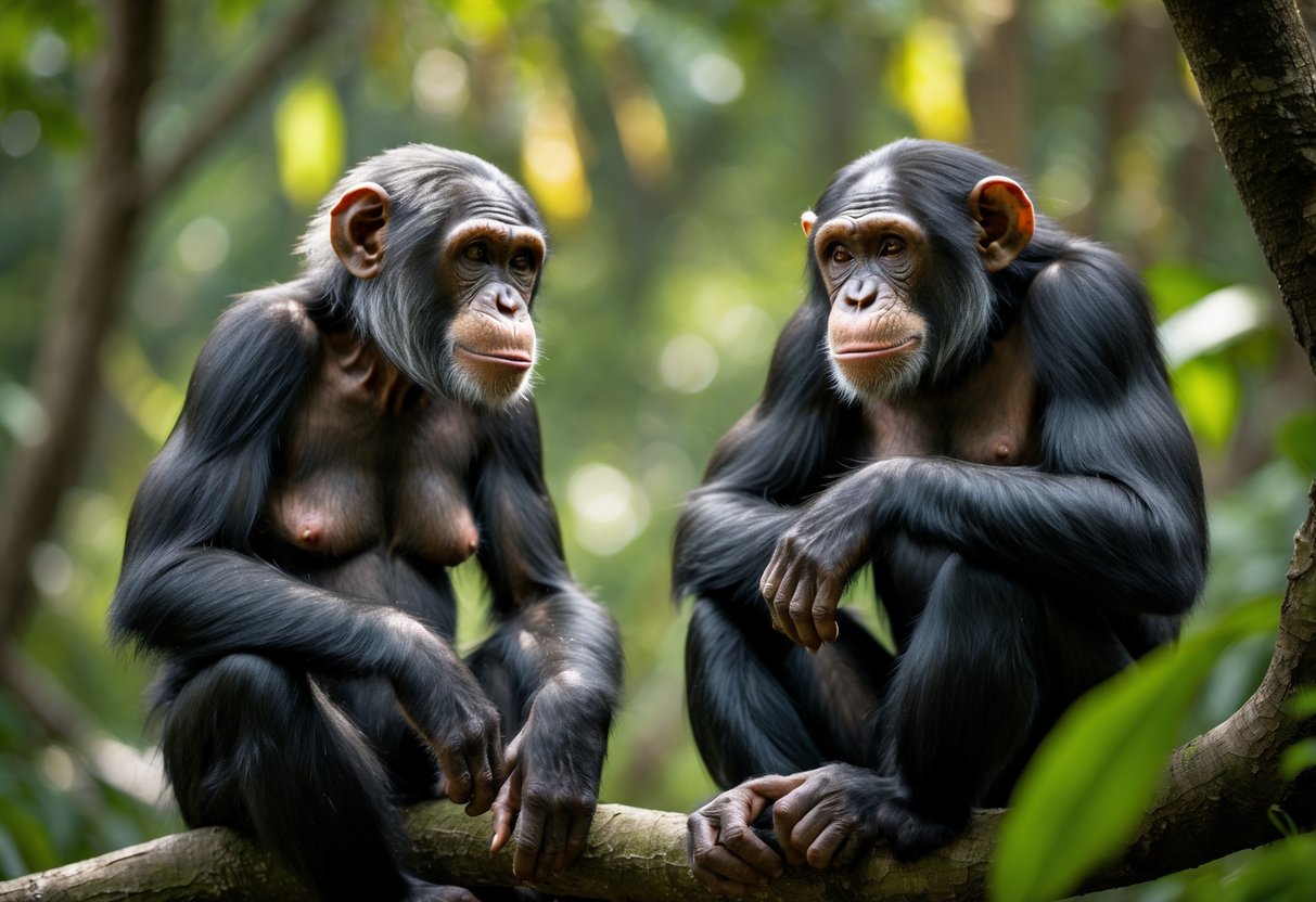 A mature female chimpanzee sitting on a tree branch with a younger male chimpanzee nearby in a lush jungle setting.