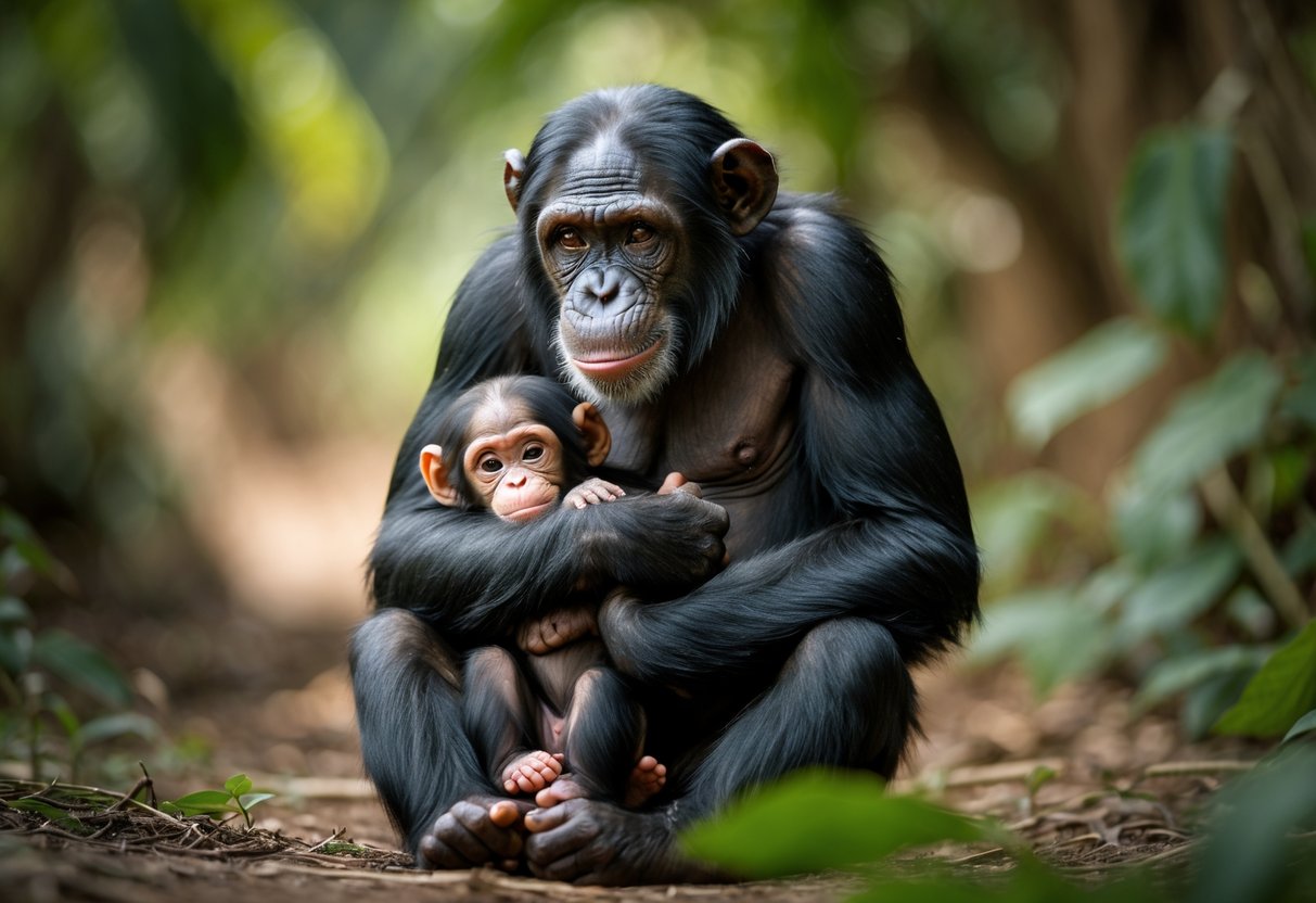 A mother chimpanzee gently holding her newborn baby chimpanzee in a natural outdoor setting.