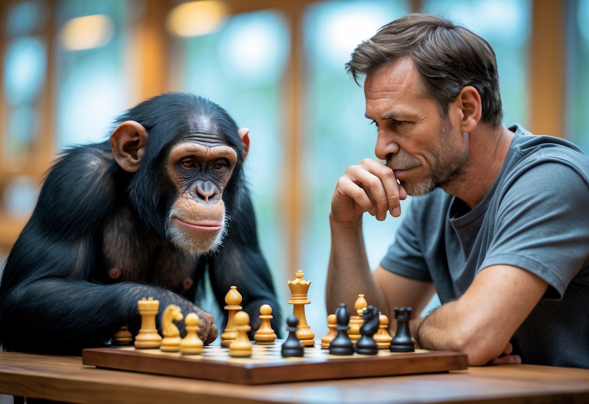 A chimpanzee and a human sitting at a table playing chess, both focused on the game.