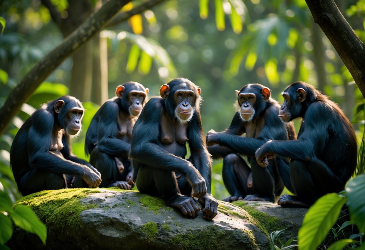 A group of chimpanzees in a green jungle with an older female chimpanzee surrounded by several male chimpanzees interacting.