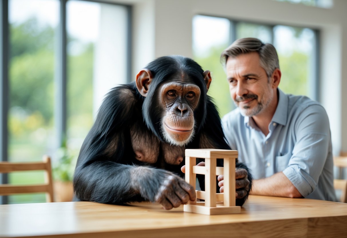 A chimpanzee and a human sitting at a table, the chimpanzee focused on a puzzle while the human watches attentively.
