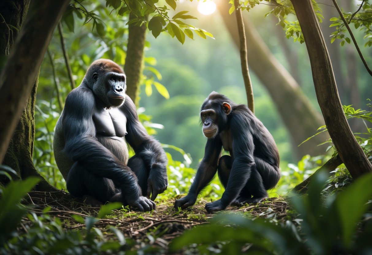 A gorilla and a chimpanzee peacefully interacting in a forest setting with green foliage around them.