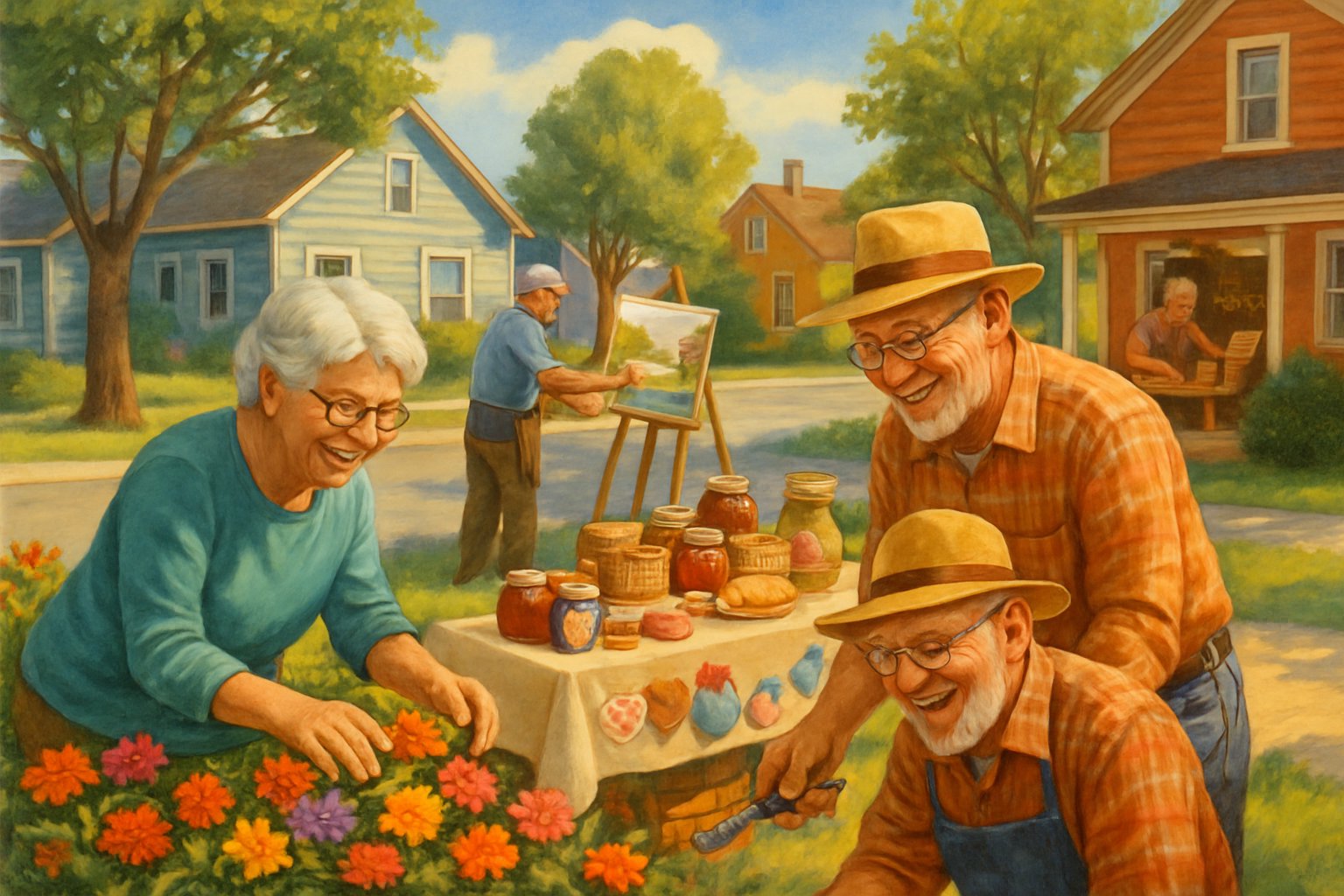 Retirees in a small town gardening, selling crafts and baked goods, painting, and working in a home workshop.