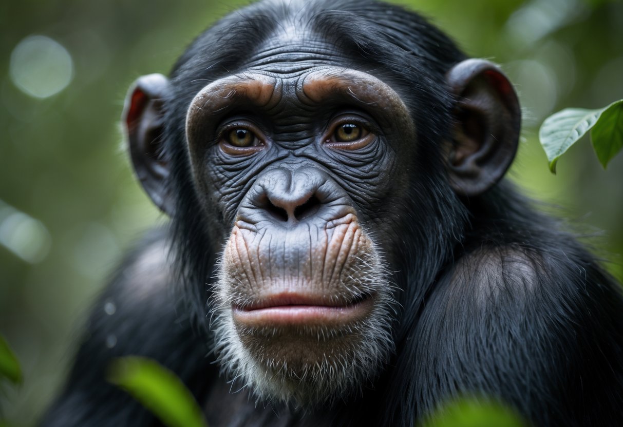 Close-up of a chimpanzee with tears near its eyes in a forest setting.