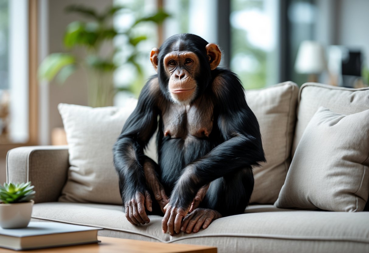A chimpanzee sitting calmly on a sofa in a modern living room with plants and a coffee table nearby.