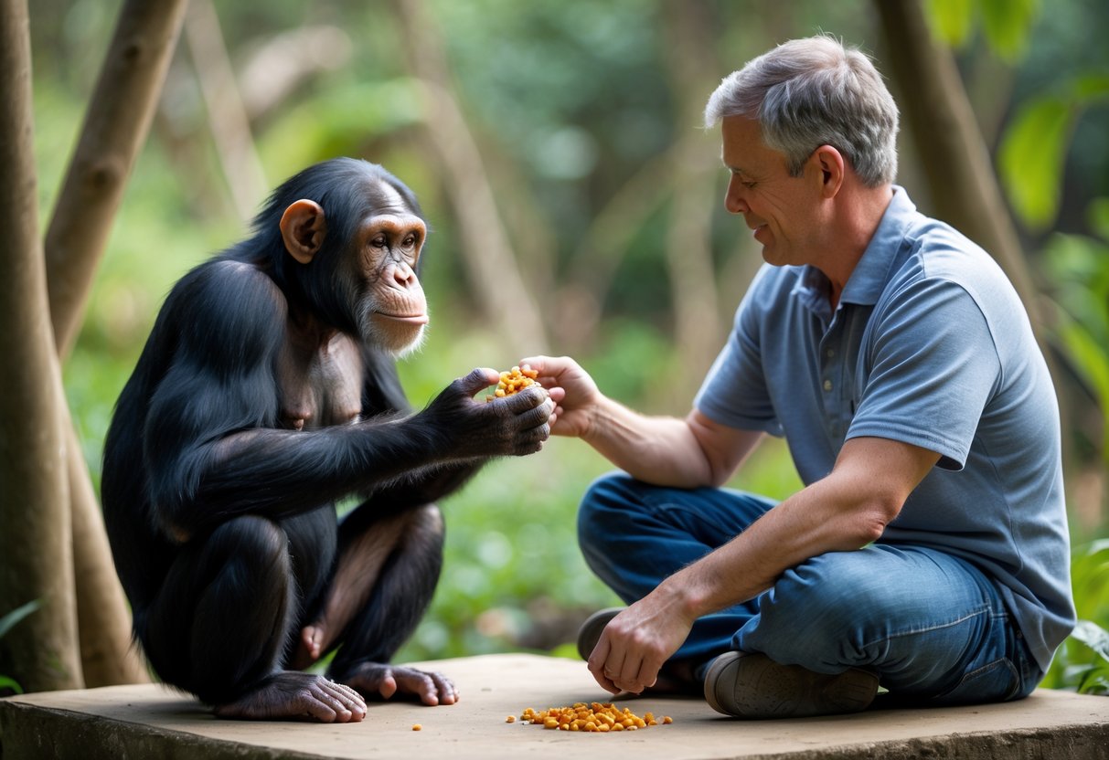 A chimpanzee calmly interacting with a human in a green outdoor setting.
