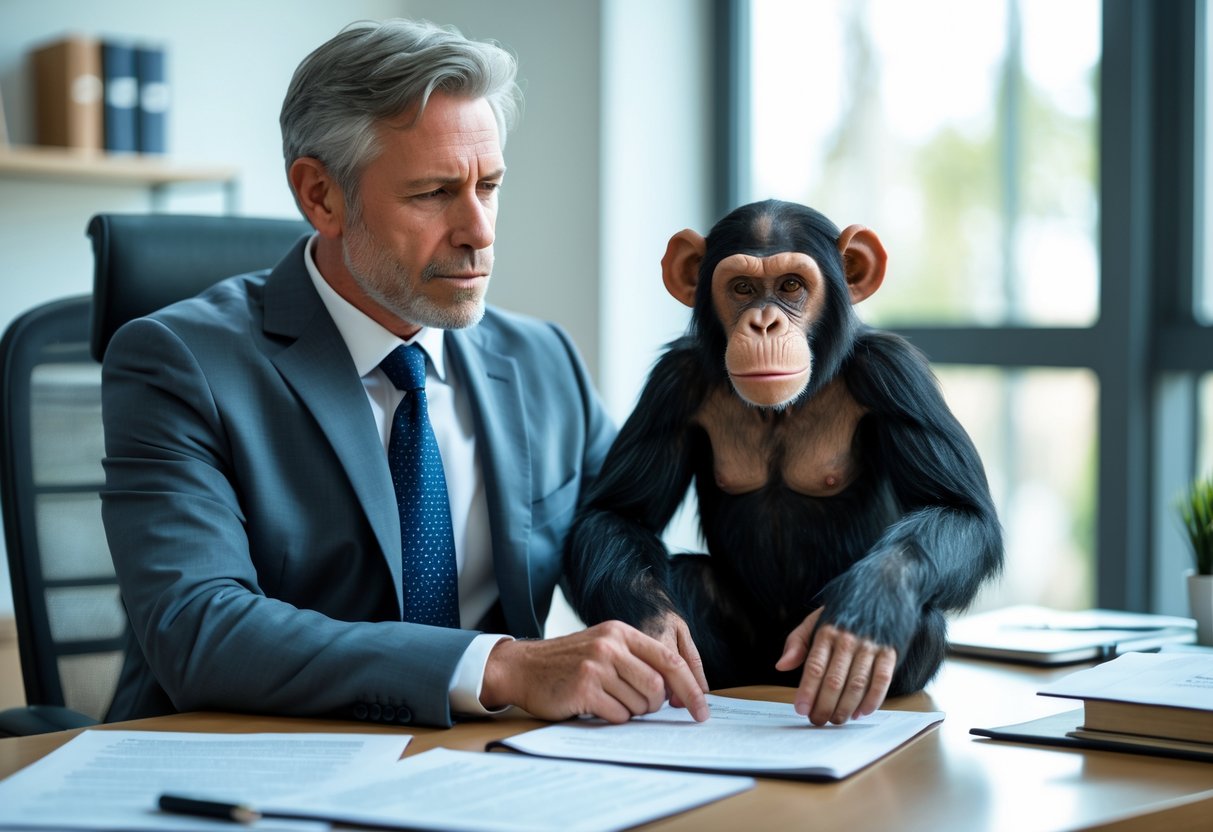 A person sitting at a desk looking thoughtfully at a chimpanzee puppet with law books in the background.