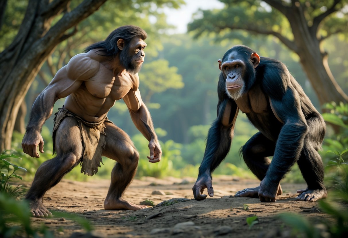 A Neanderthal man and a chimpanzee face each other in a forest clearing, both appearing alert and ready.
