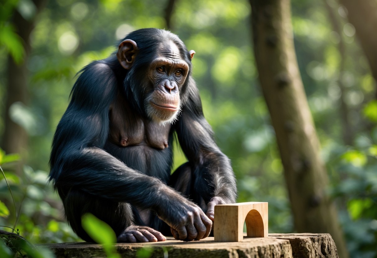 A chimpanzee sitting in a forest looking thoughtfully at a wooden puzzle in front of it.