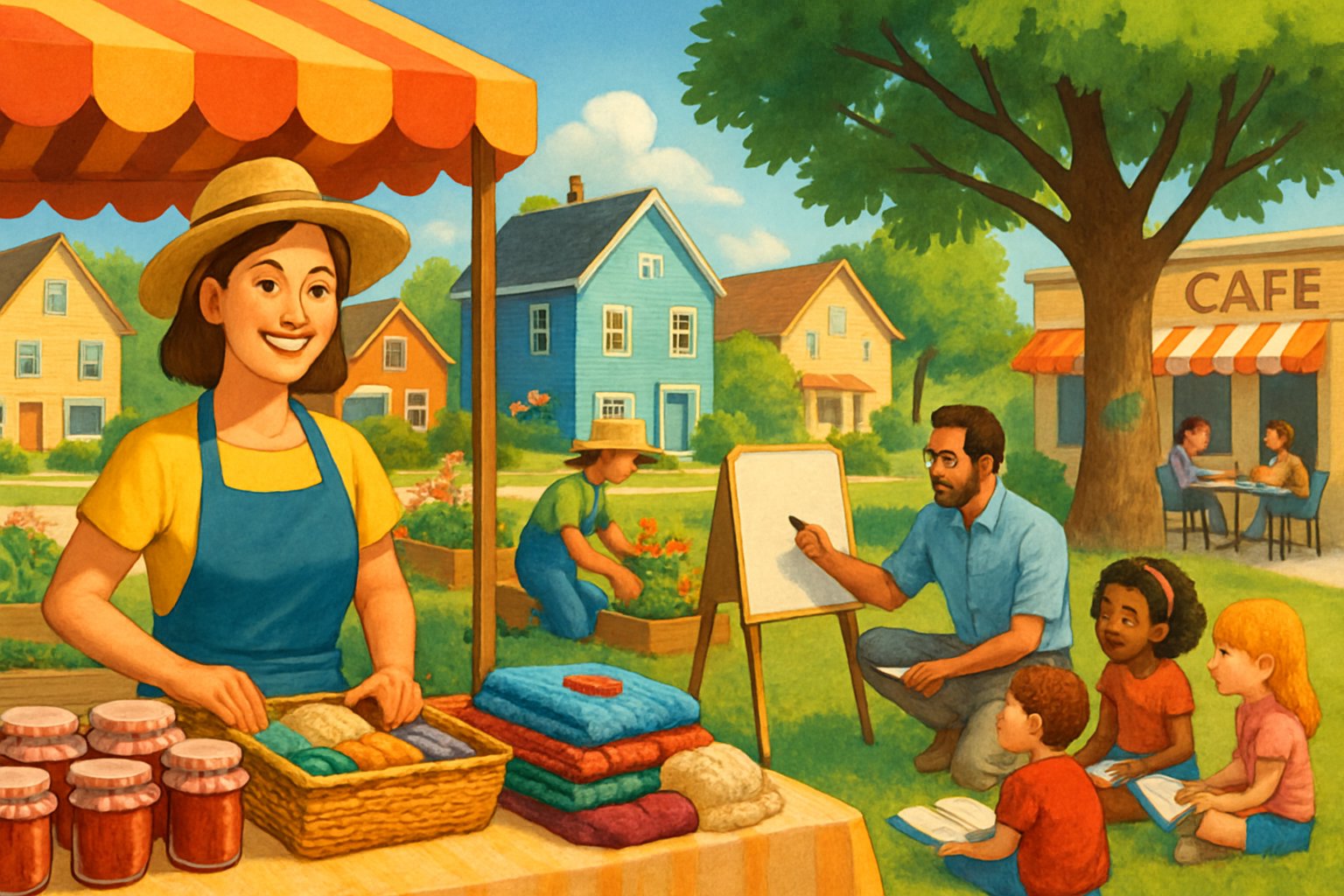 Teachers in a small town summer setting selling crafts, tutoring children, and gardening outdoors.