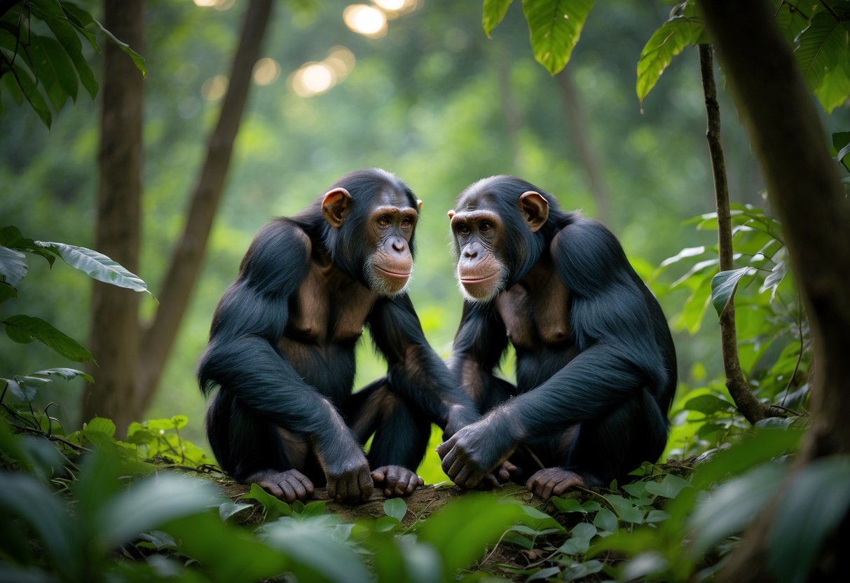 Two chimpanzees closely interacting on the forest floor surrounded by trees and greenery.