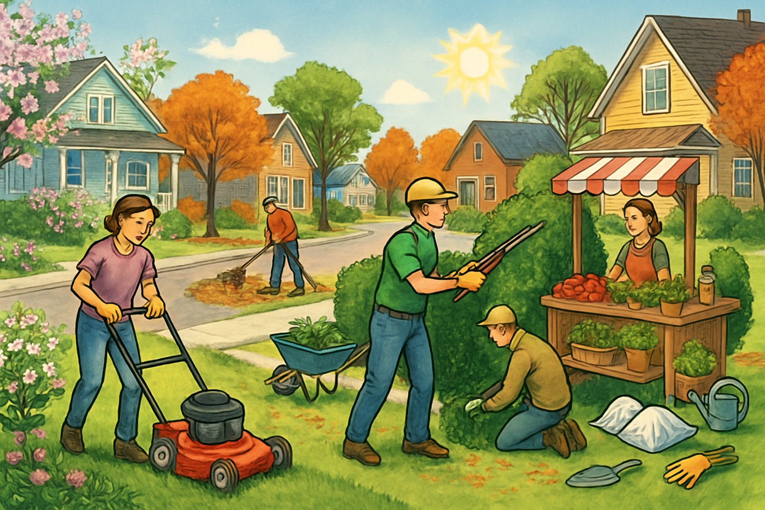 A small town neighborhood showing people working on lawn mowing, hedge trimming, leaf raking, and garden preparation across different seasons.