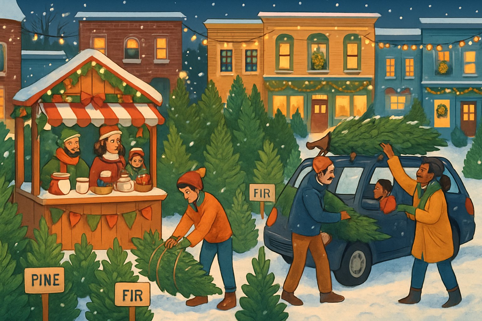 A small-town Christmas tree lot with people selling trees, offering hot cocoa, wrapping trees, and loading them onto cars, surrounded by snowy buildings decorated for the holidays.