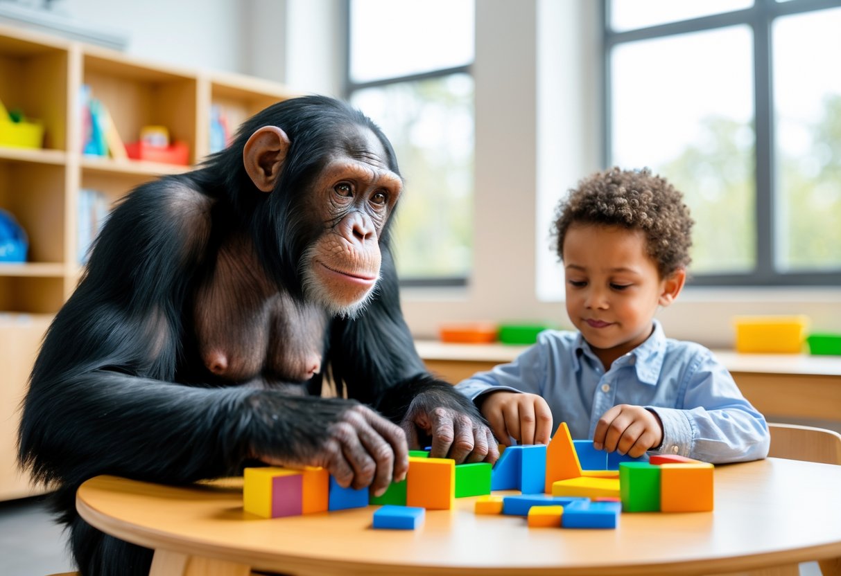 A chimpanzee and a 7-year-old child sitting together at a table playing with colorful puzzle pieces in a classroom.