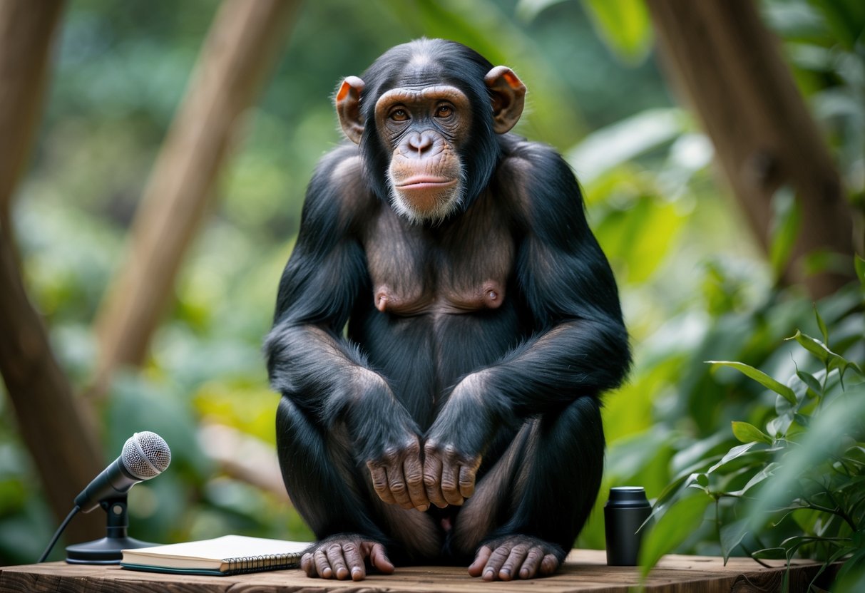 A chimpanzee sitting on a wooden platform surrounded by greenery, looking attentive with scientific equipment nearby.