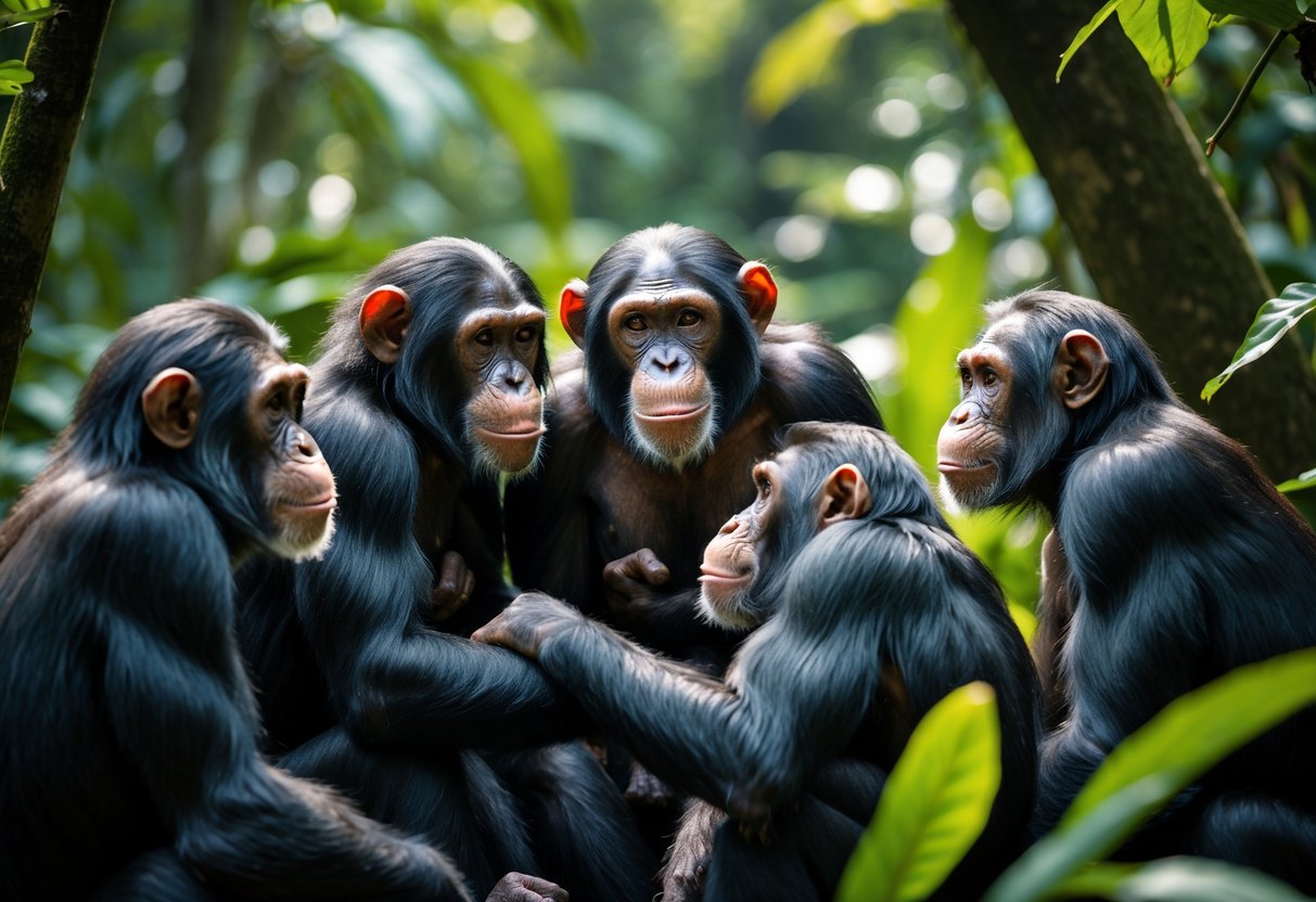 A group of female and male chimpanzees interacting closely in a dense jungle setting.