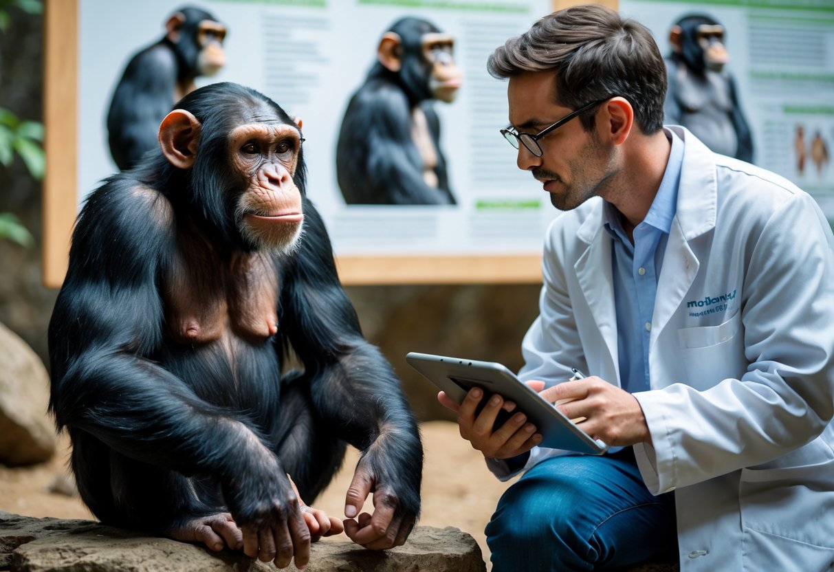 A chimpanzee in a naturalistic enclosure looking at a researcher who is observing and taking notes.
