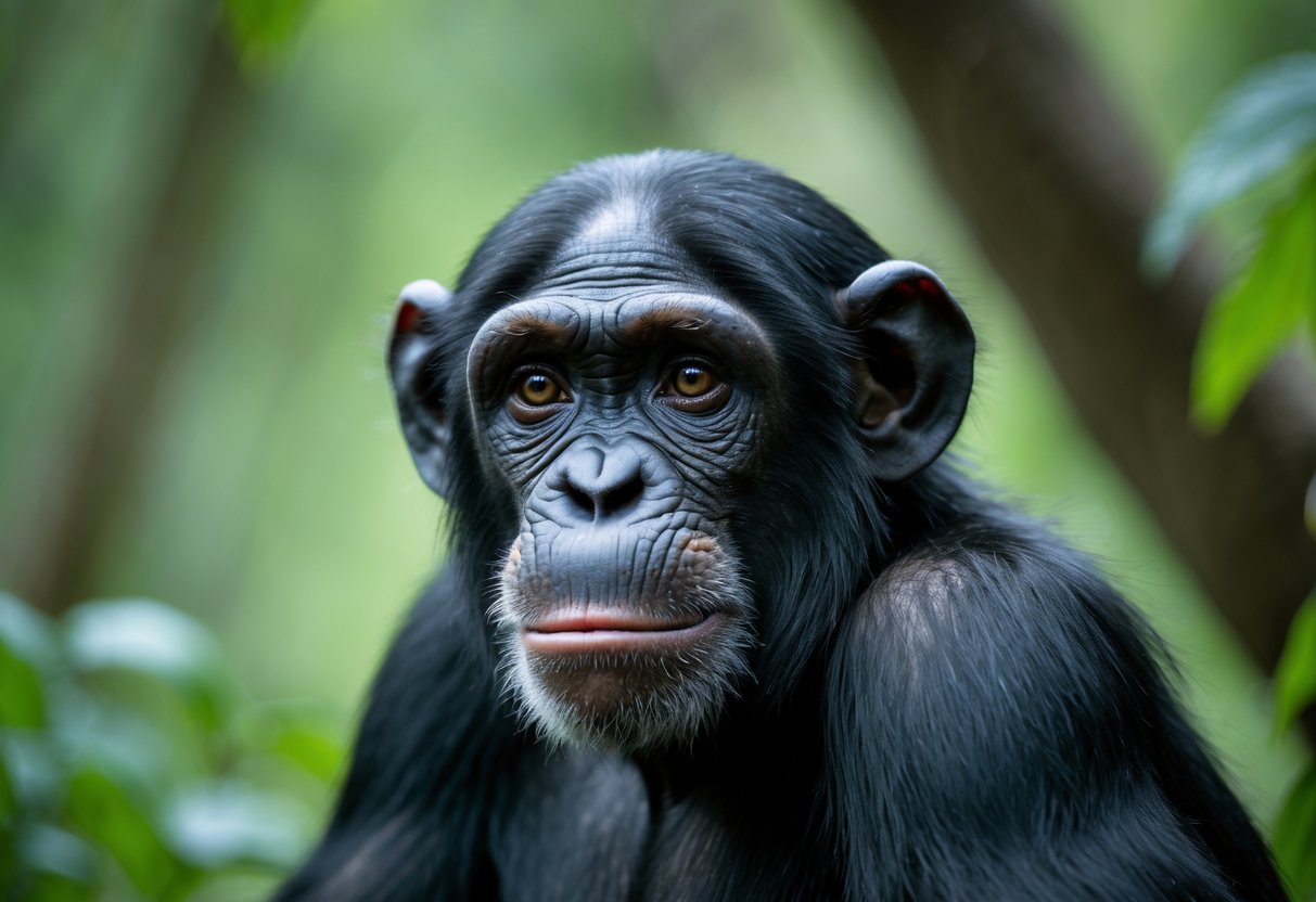 Close-up of a chimpanzee calmly looking around in a green forest setting.
