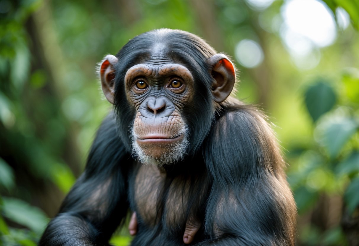 A chimpanzee sitting outdoors looking thoughtfully at the camera.