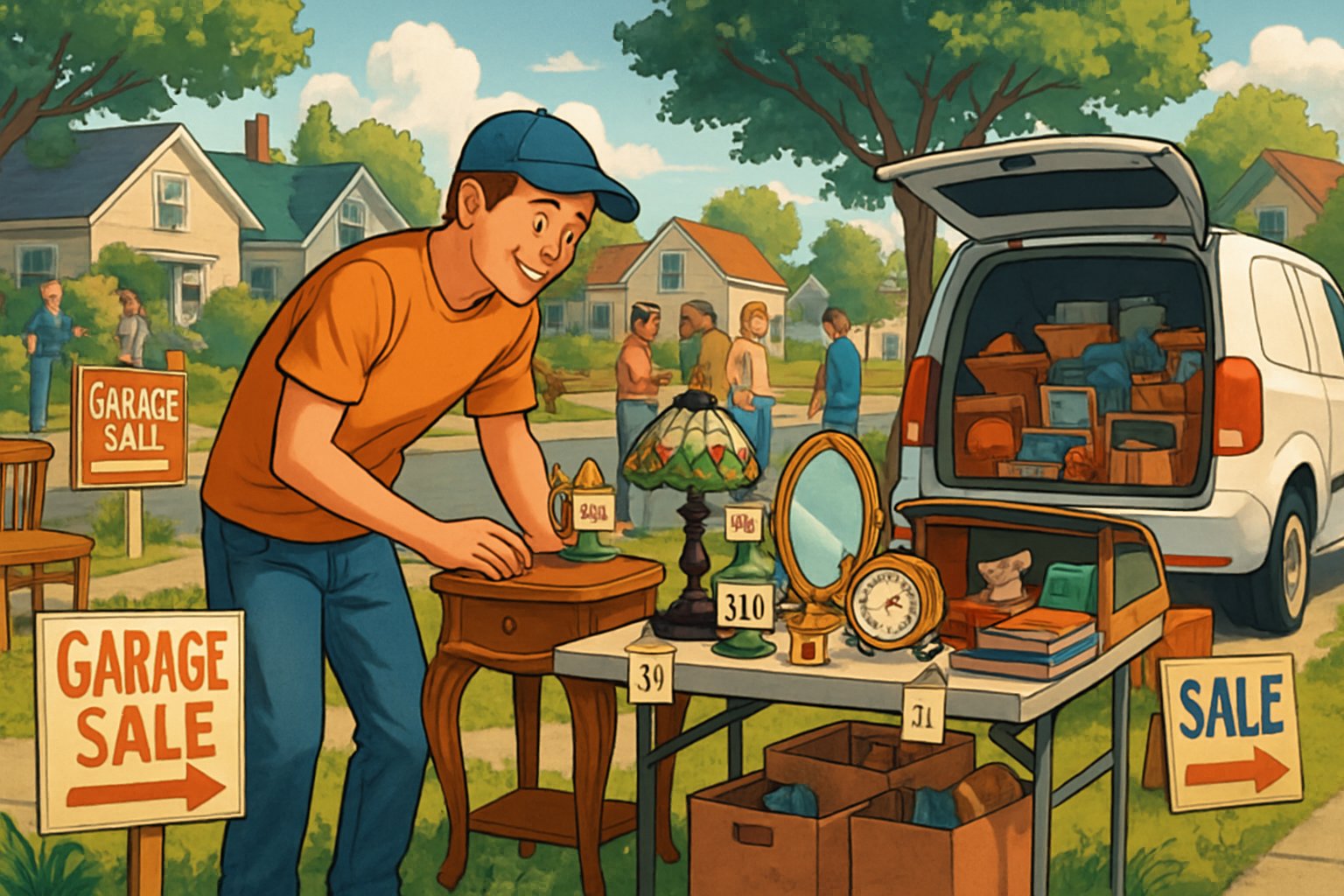 A person examining items at a garage sale in a small town neighborhood with other people browsing nearby.