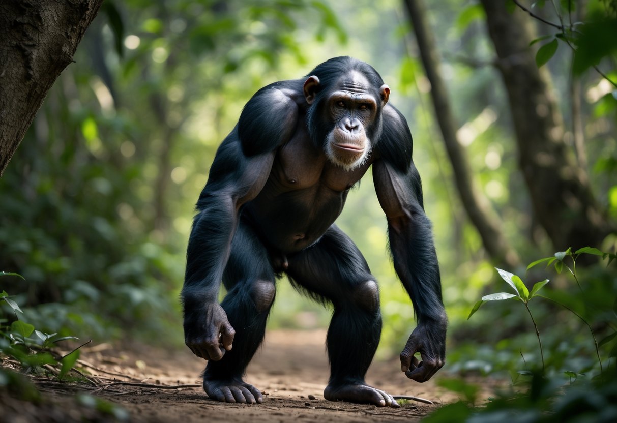 A strong chimpanzee standing in a forest with dense green foliage in the background.