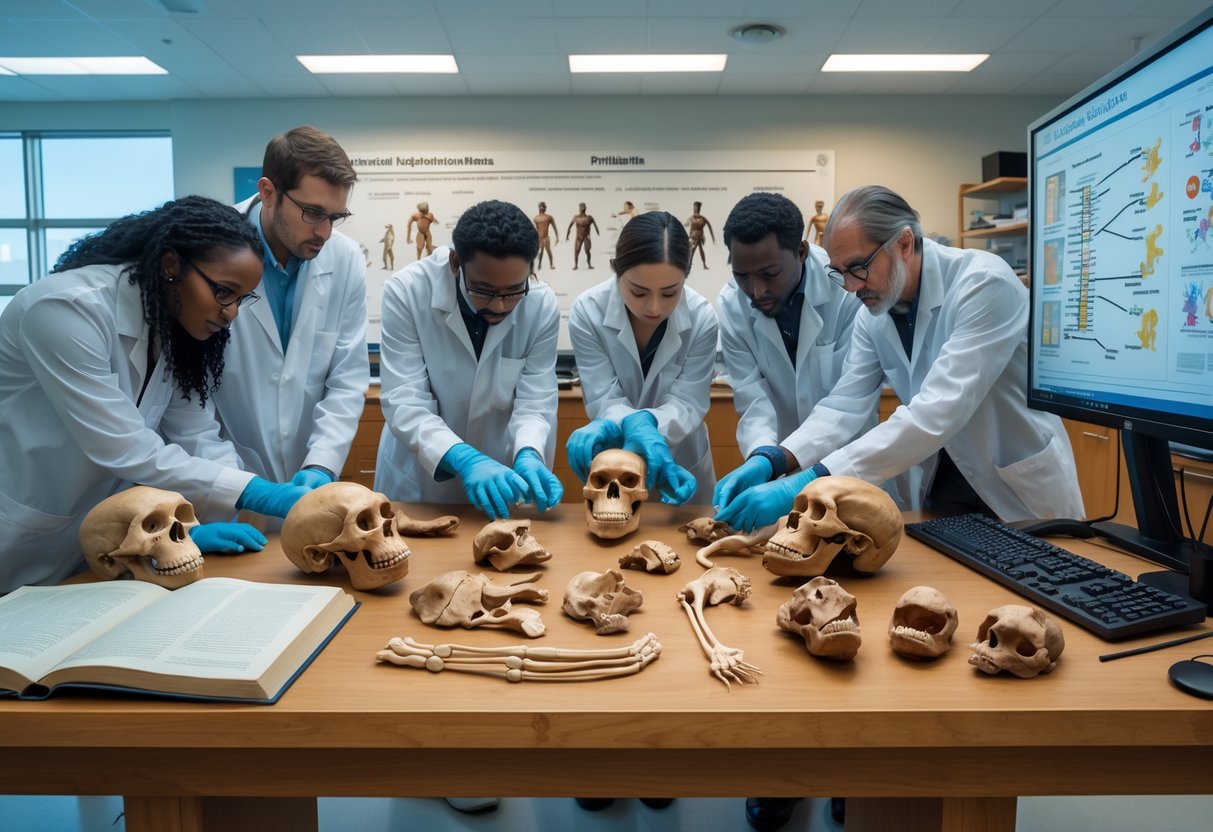 Scientists examining hominid and chimpanzee skull fossils and DNA models in a research laboratory.