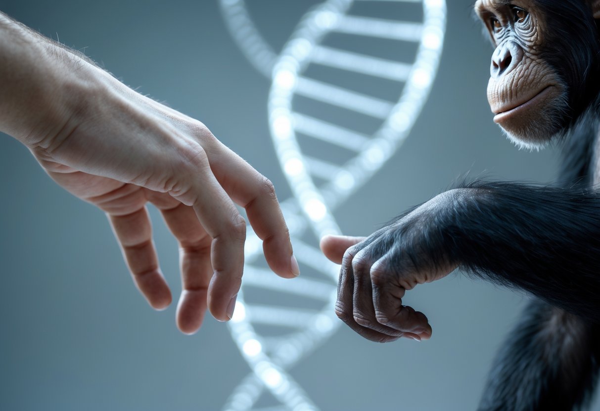 A human hand and a chimpanzee hand reaching towards each other with a glowing DNA strand in the background.