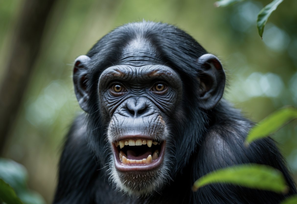 Close-up of a chimpanzee showing an angry facial expression in a forest setting.