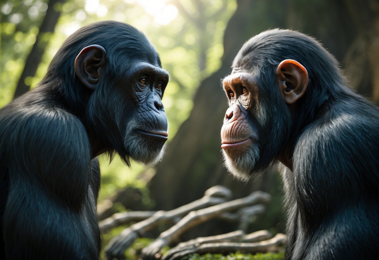 A mature human male and a mature chimpanzee face each other in a forest clearing with sunlight filtering through the trees.