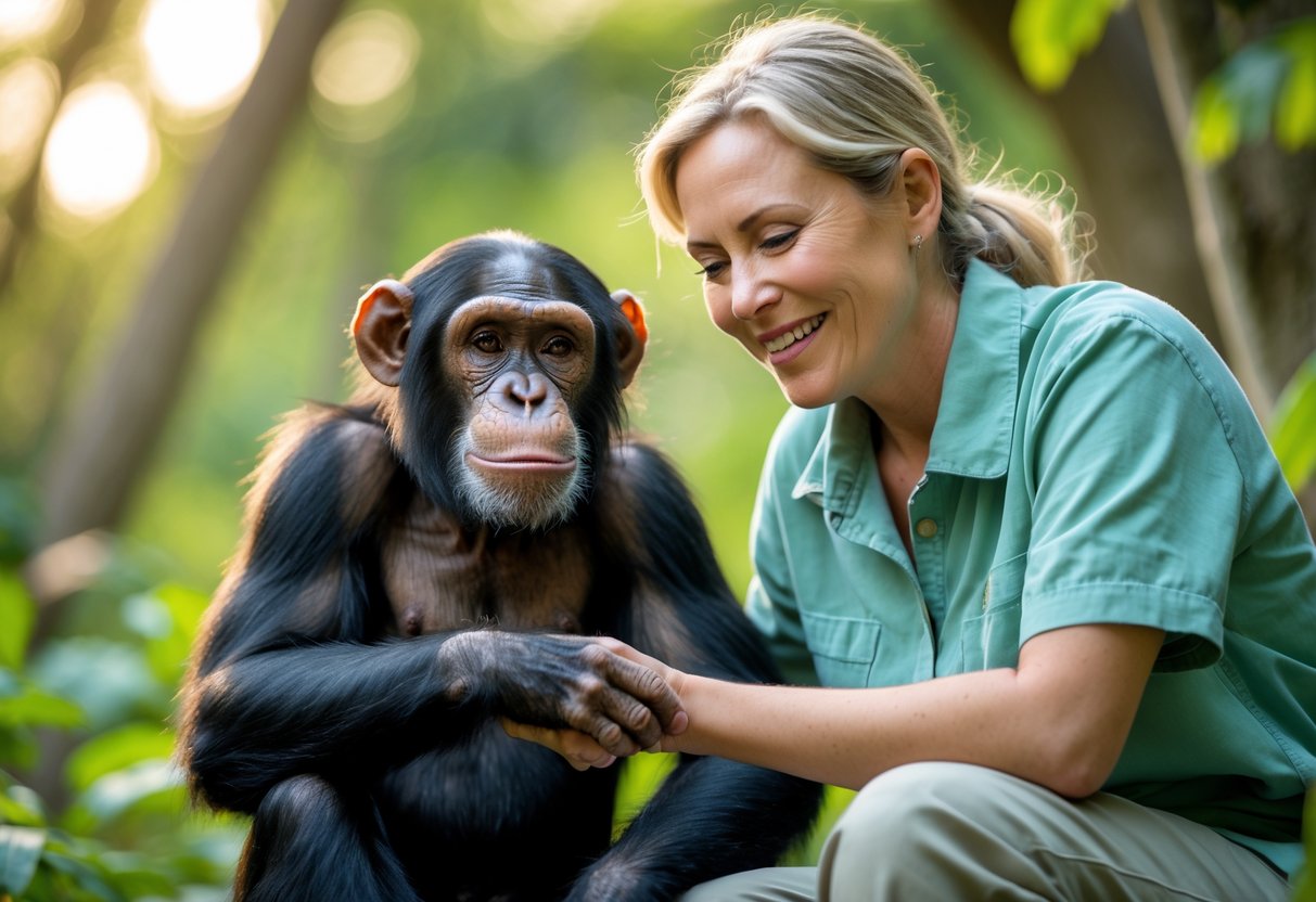 A human and a chimpanzee gently touching hands outdoors, showing a friendly connection.
