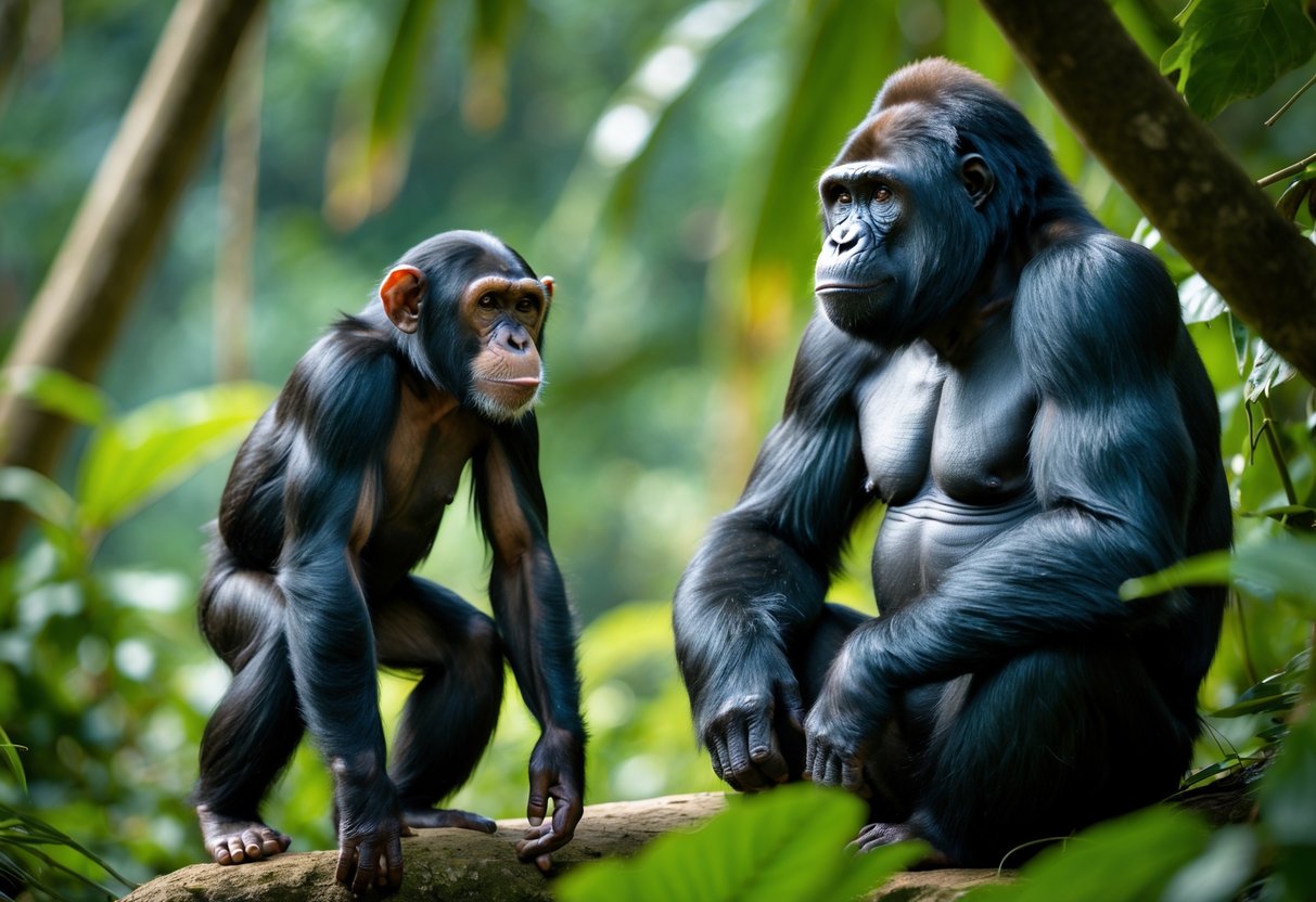 A chimpanzee and a gorilla facing each other in a jungle setting surrounded by green foliage.