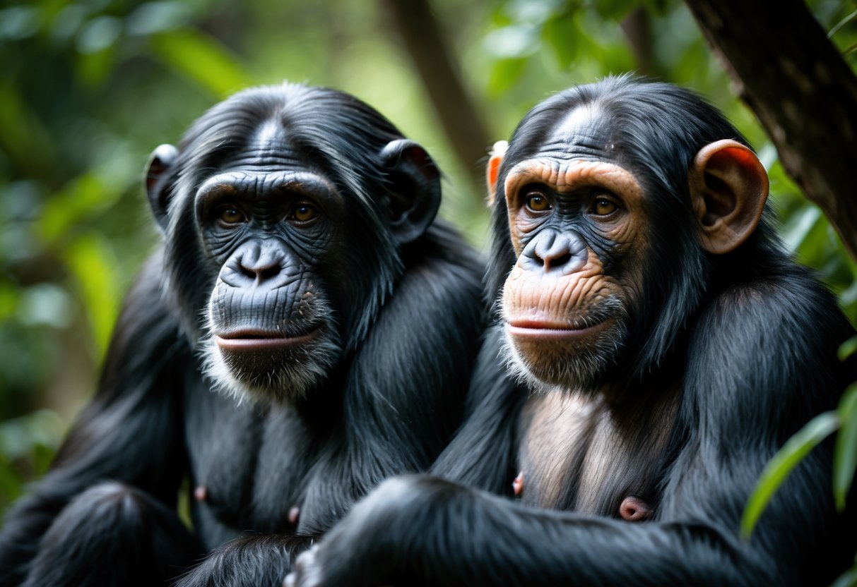 Two chimpanzees in a forest, one looking intently while the other looks away, showing a tense interaction.