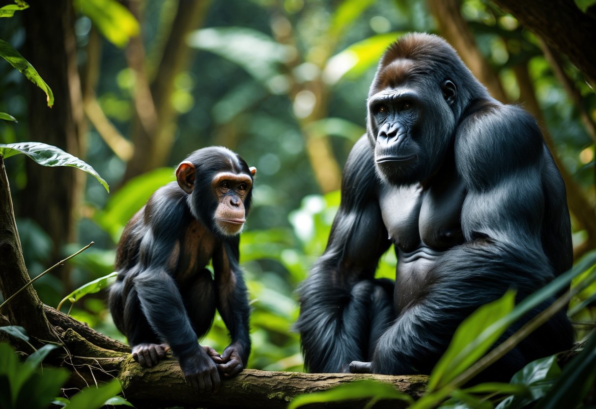 A chimpanzee and a gorilla facing each other in a dense jungle, showing an intense and cautious interaction.