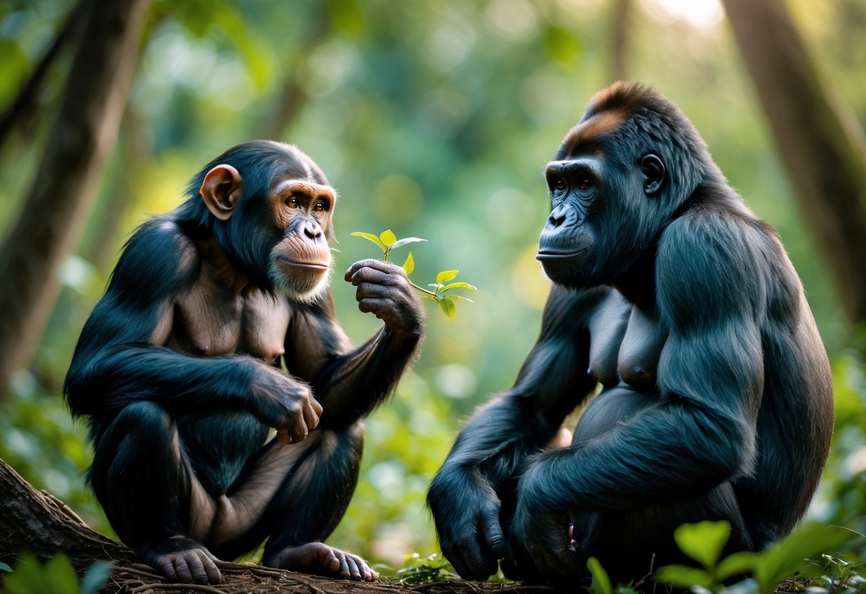 A chimpanzee and a gorilla sitting on the forest floor facing each other with thoughtful expressions.