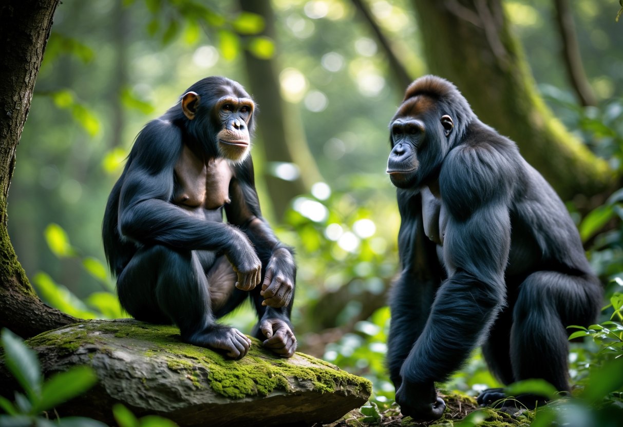 A chimpanzee sitting on a rock and a gorilla standing nearby in a green forest, both looking calm and curious.