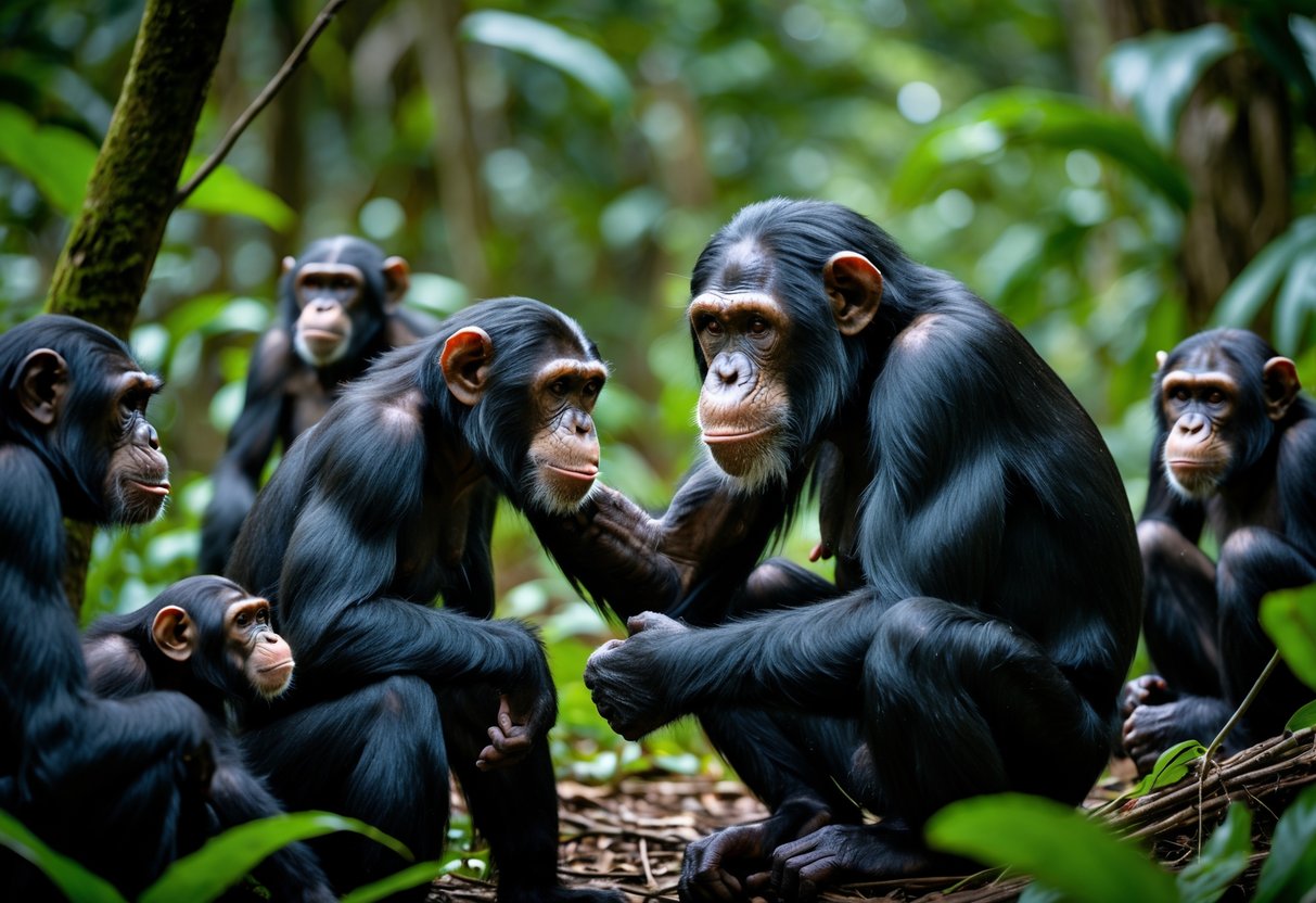 A male chimpanzee displaying assertive behavior towards a female chimpanzee in a dense forest, with other chimpanzees nearby observing.